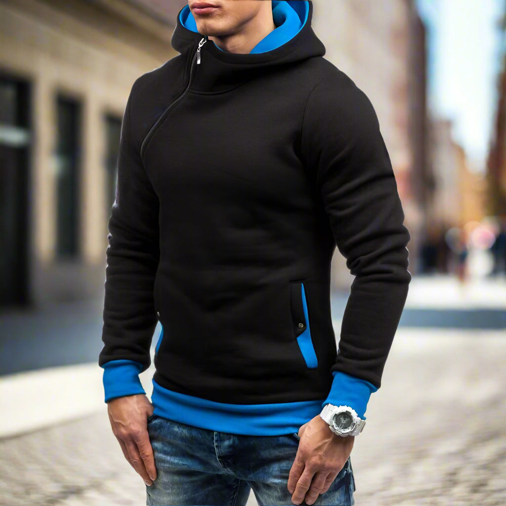 Slim Hooded Sweatshirt with Diagonal Zipper for Men