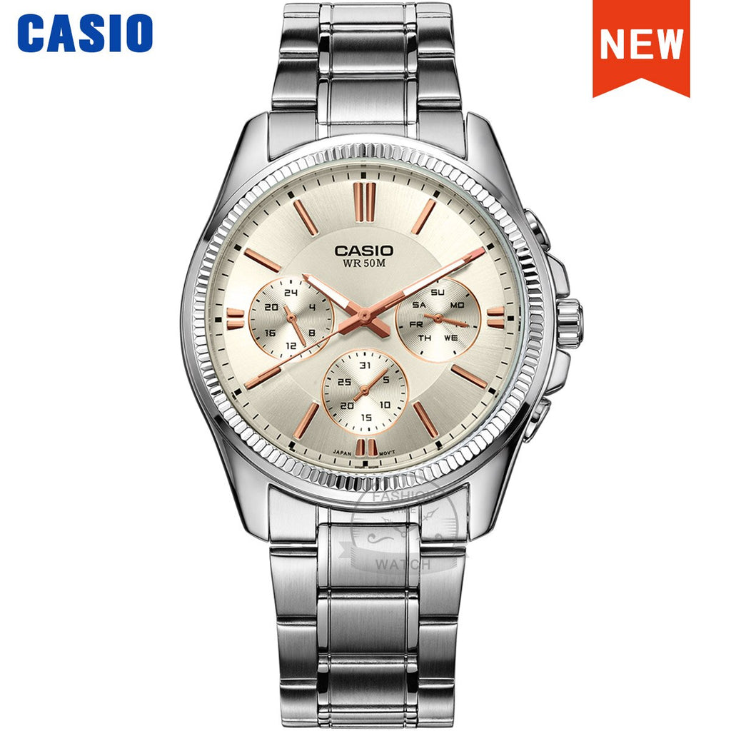 Casio Men's Quartz Watch: 50M Waterproof Timepiece with Ion Plated Case and Stainless Steel Band