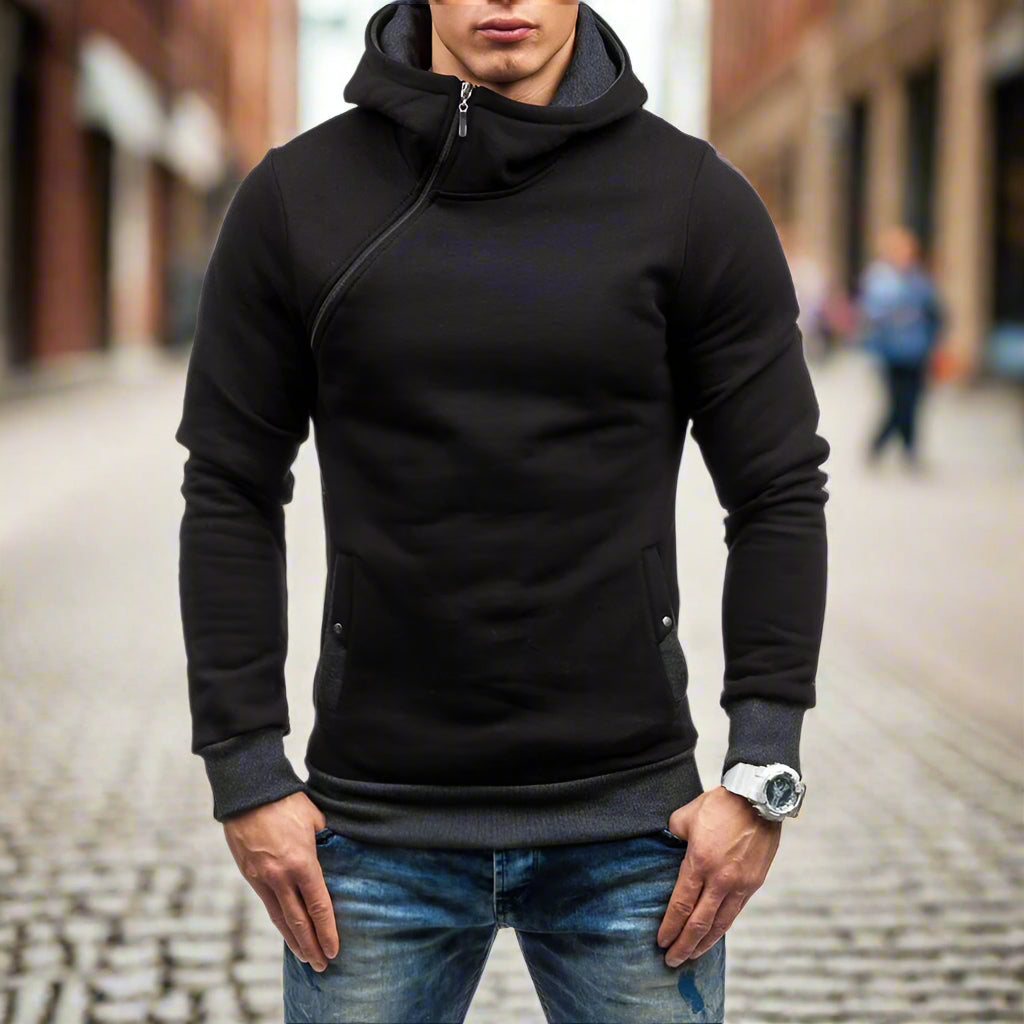 Slim Hooded Sweatshirt with Diagonal Zipper for Men
