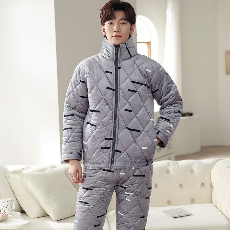 Men's Winter Pajama Set: Warm Three-Layer Cotton-Padded Sleepwear Suit