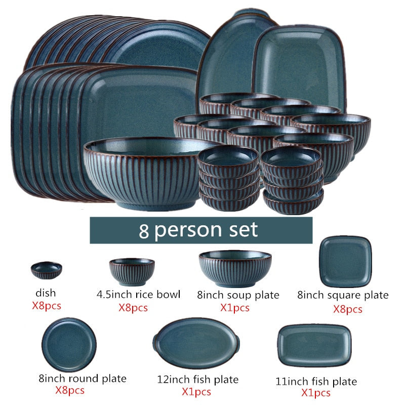 Blue Tableware Set Kiln Glazed Ceramic Rice Salad Round Dish Dinner Plate Fish Plate Dinnerware