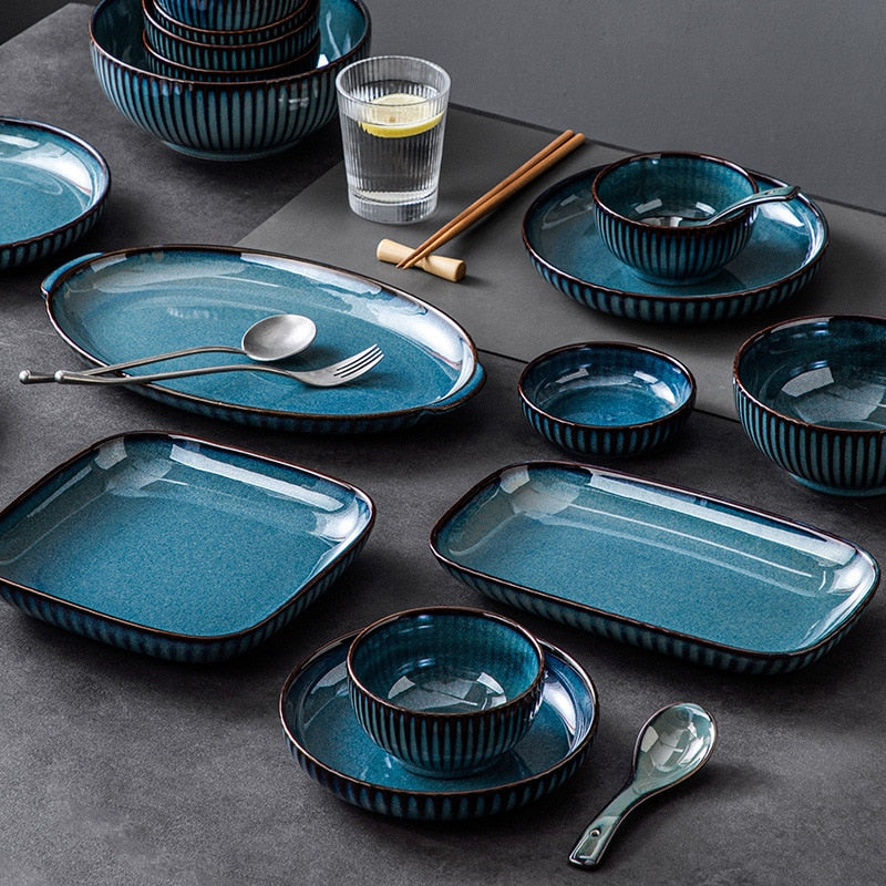 Blue Tableware Set Kiln Glazed Ceramic Rice Salad Round Dish Dinner Plate Fish Plate Dinnerware