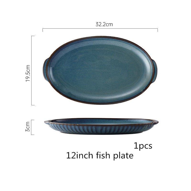 Blue Tableware Set Kiln Glazed Ceramic Rice Salad Round Dish Dinner Plate Fish Plate Dinnerware