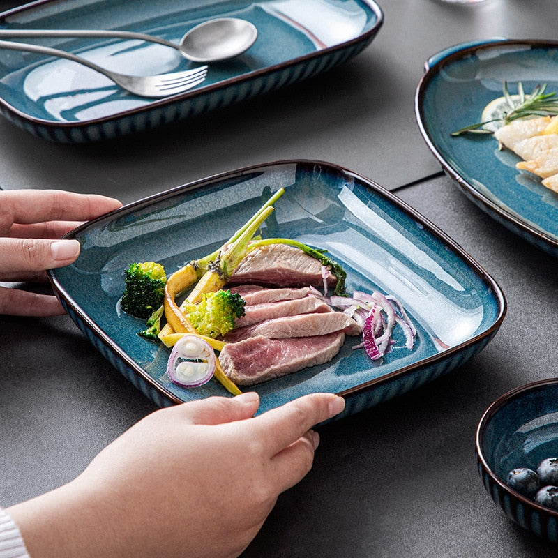 Blue Tableware Set Kiln Glazed Ceramic Rice Salad Round Dish Dinner Plate Fish Plate Dinnerware
