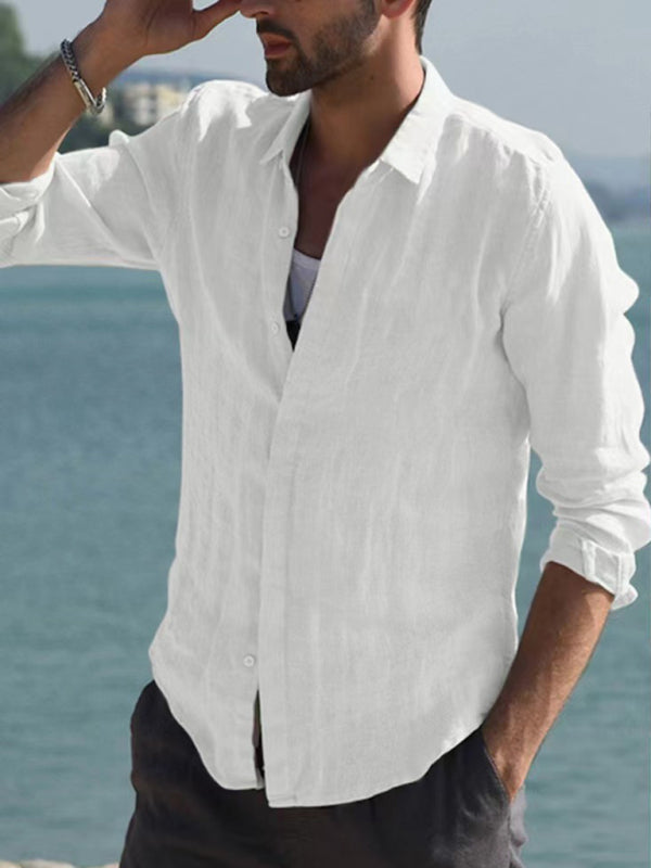 Casual Long Sleeve White Linen Button Down Shirt