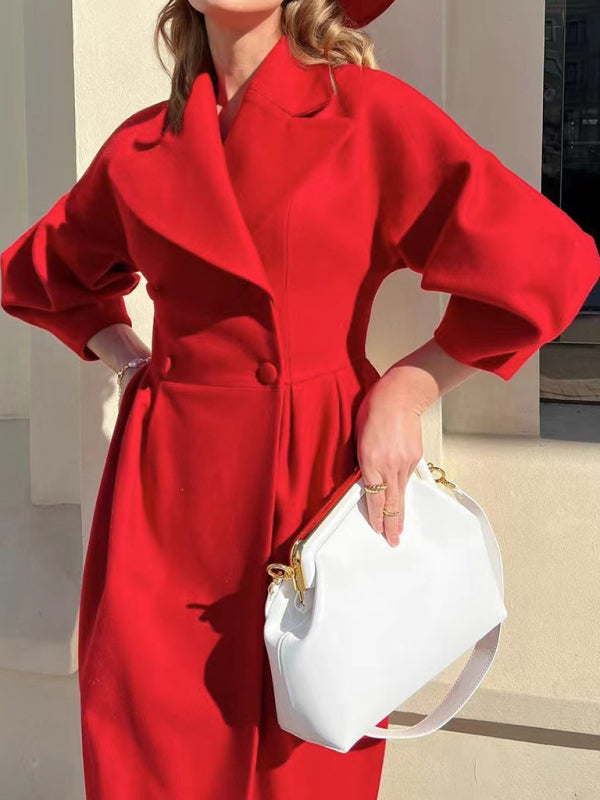 Elegant Women's Long Overcoat with Pleated Waist and Lantern Sleeves - Perfect for Making a Statement