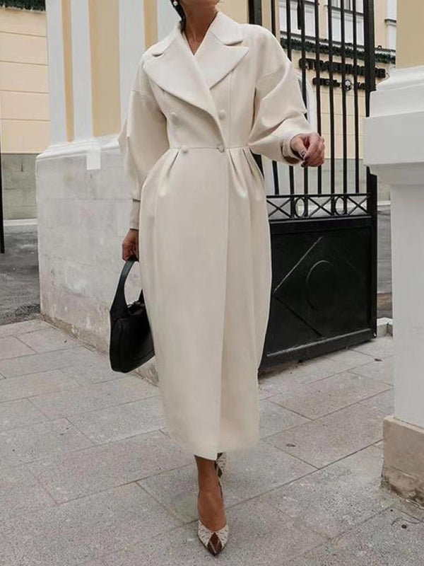 Elegant Women's Long Overcoat with Pleated Waist and Lantern Sleeves - Perfect for Making a Statement