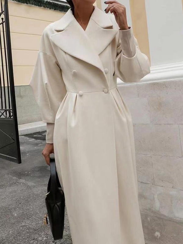 Elegant Women's Long Overcoat with Pleated Waist and Lantern Sleeves - Perfect for Making a Statement