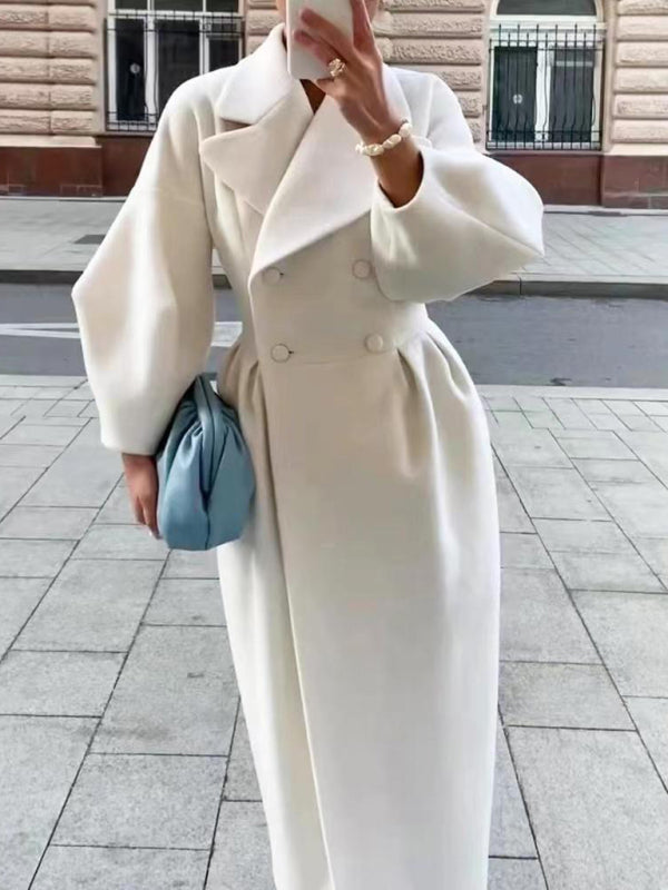 Elegant Women's Long Overcoat with Pleated Waist and Lantern Sleeves - Perfect for Making a Statement