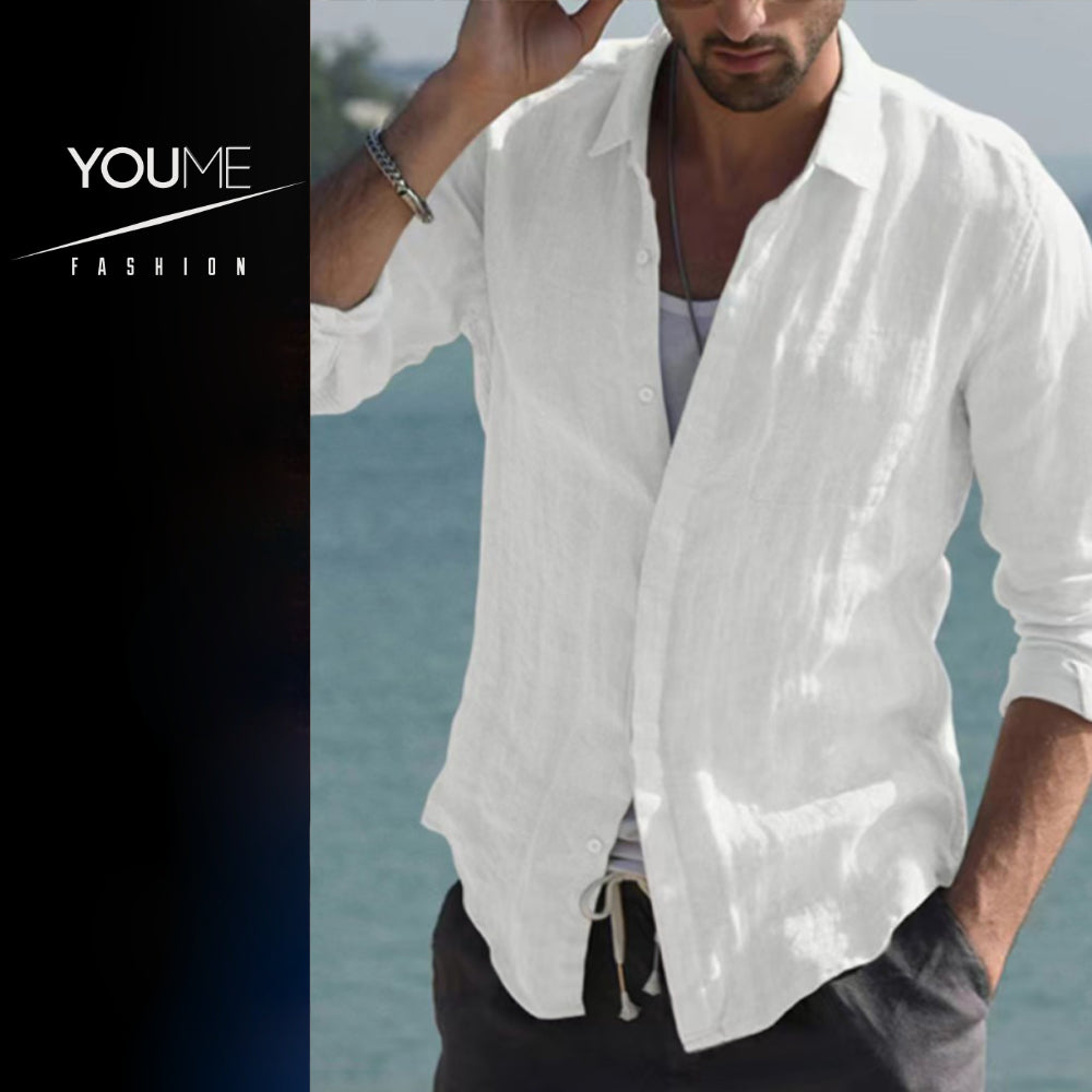 Casual Long Sleeve White Linen Button Down Shirt